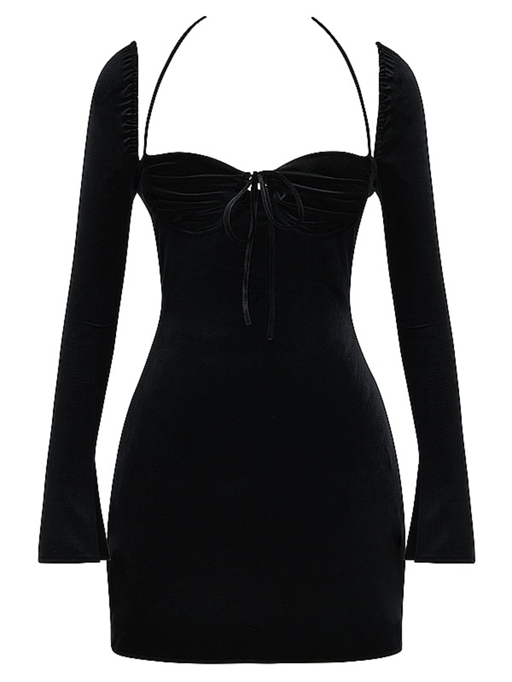 House of CB Black Velvet Halter Long-Sleeve Mini Dress Sweetheart Neckline Flare - Picture 4 of 13